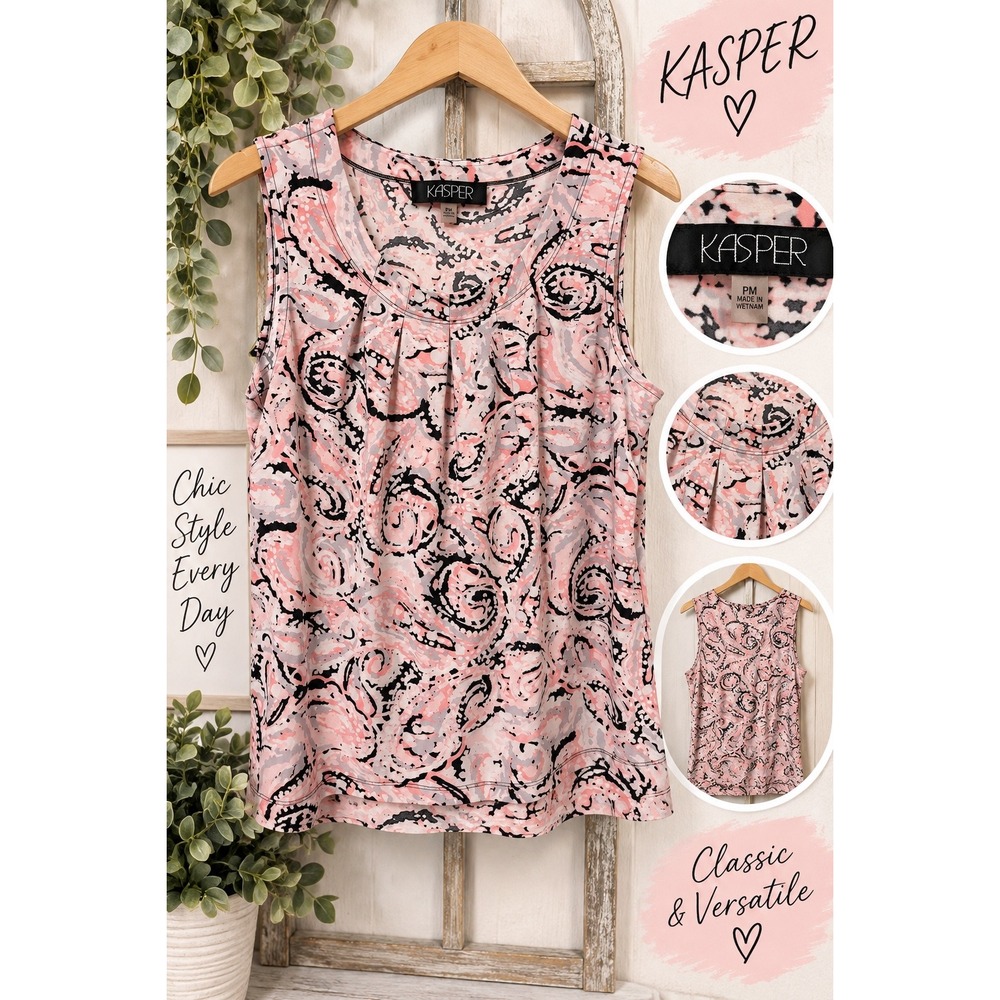 Kasper Pink Black Paisley Pleated Scoop Neck Sleeveless Blouse PM